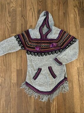 Hooded Boho Fringe Pure Alpaca Wool Sweater with Purple Accent